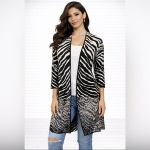 Chicos Cardigan Topper Black White 1 Medium Stripe Cotton Lace Long Duster